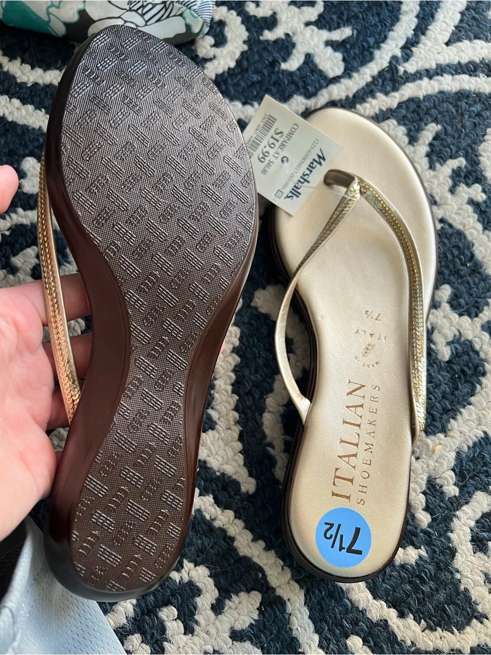Italian Shoemakers Gold Jeweled Strap Flip Flop Sandals